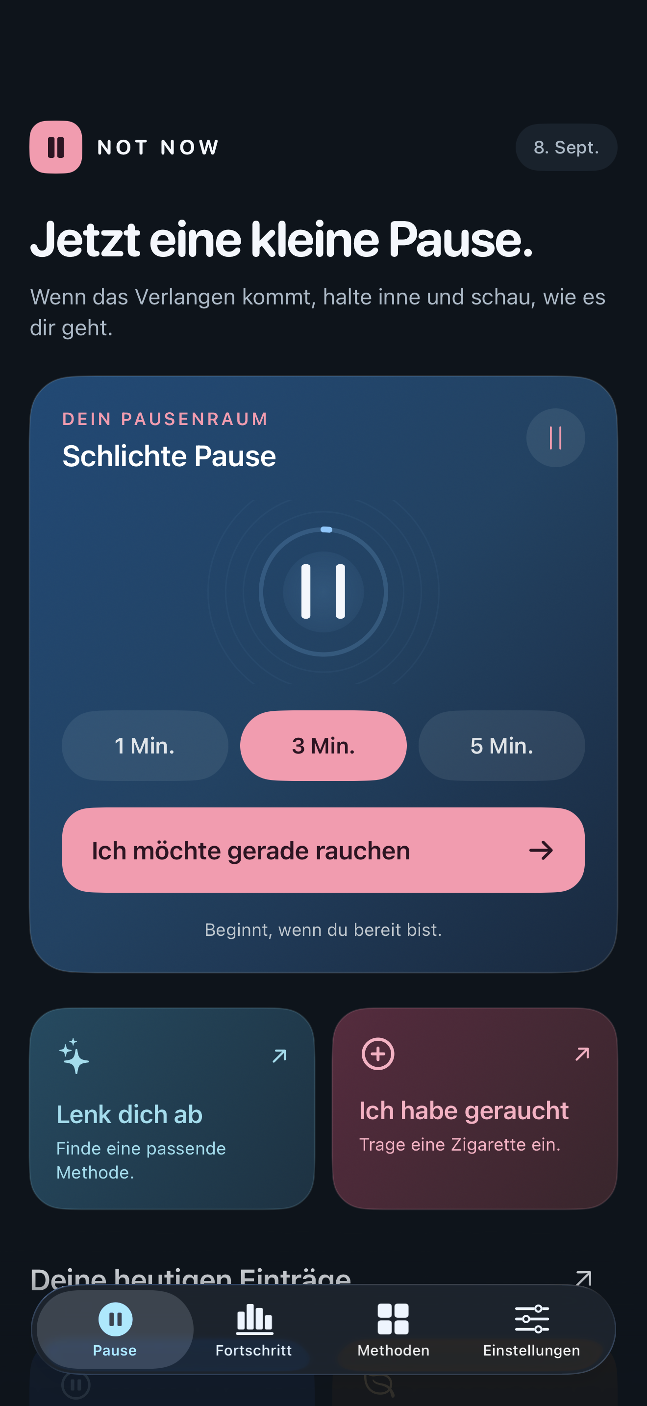 NOT NOW — Echter App-Screenshot
