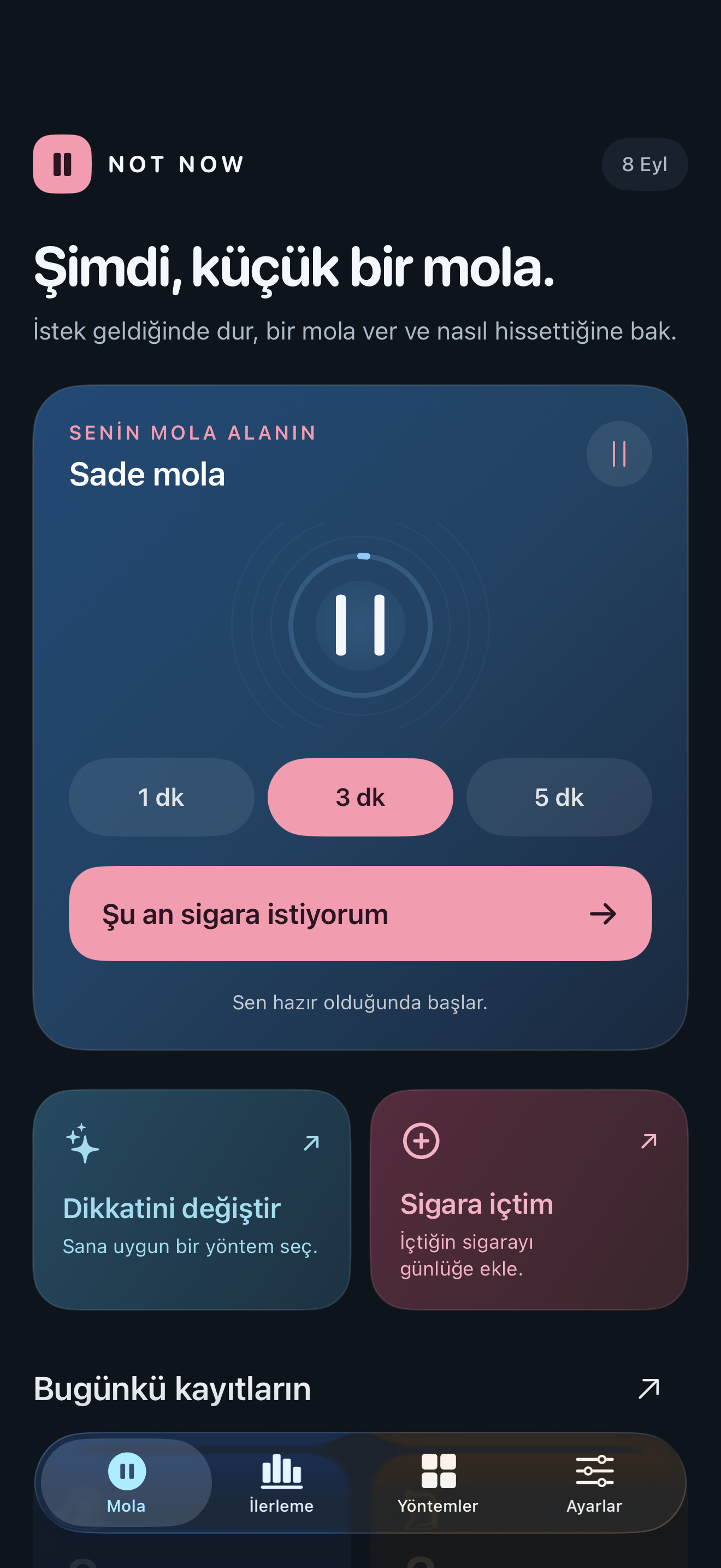 NOT NOW — Uygulamadan gerçek ekran görüntüsü