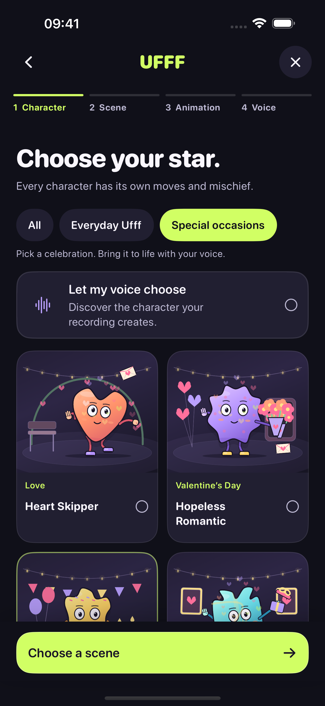 The colourful character selection screen in the UFFF app.