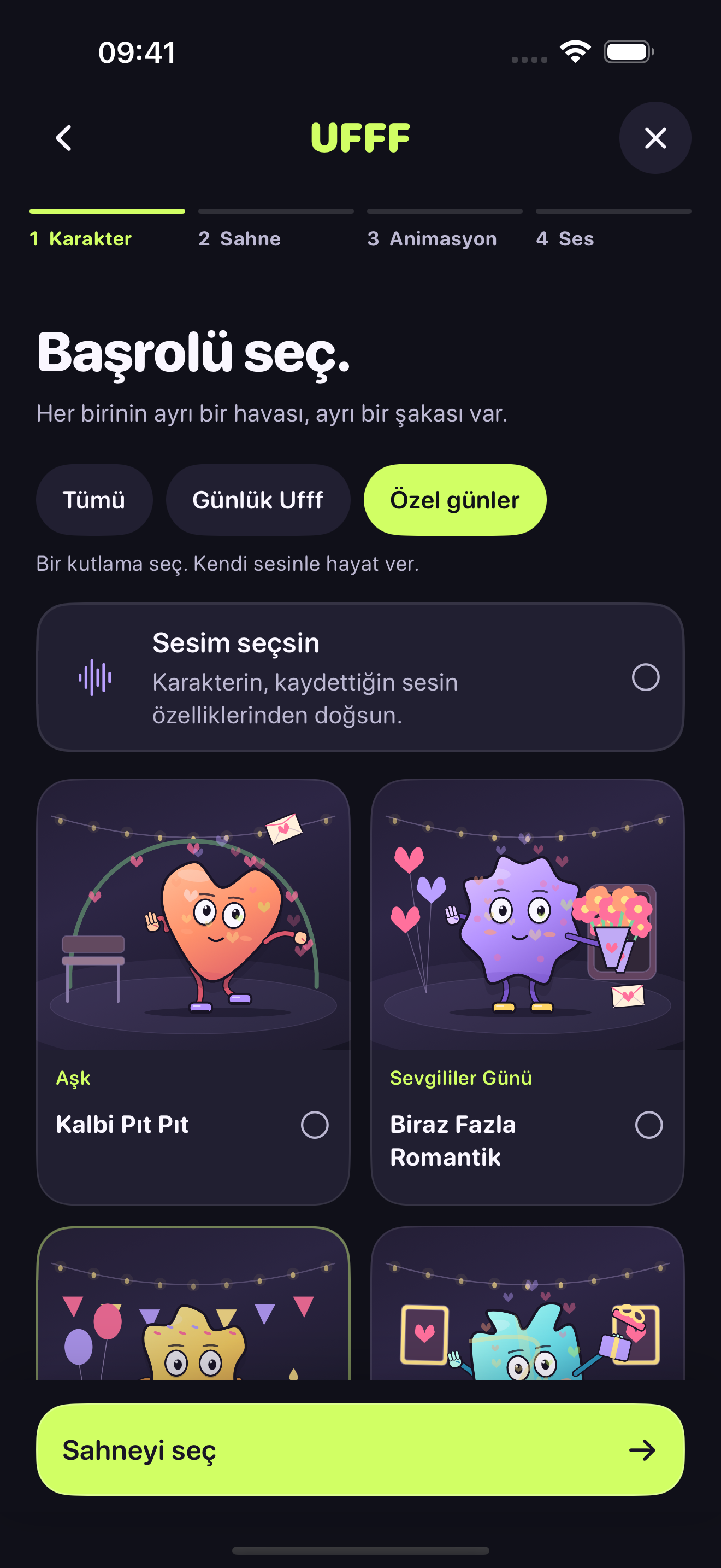 UFFF uygulamasındaki renkli karakter seçim ekranı.