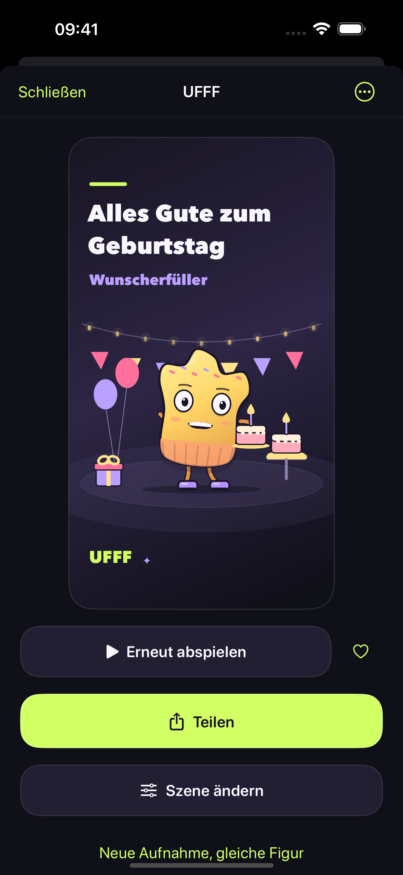 UFFF-Vorschau mit einer gelben Wunschfigur mit Geburtstagstorten.