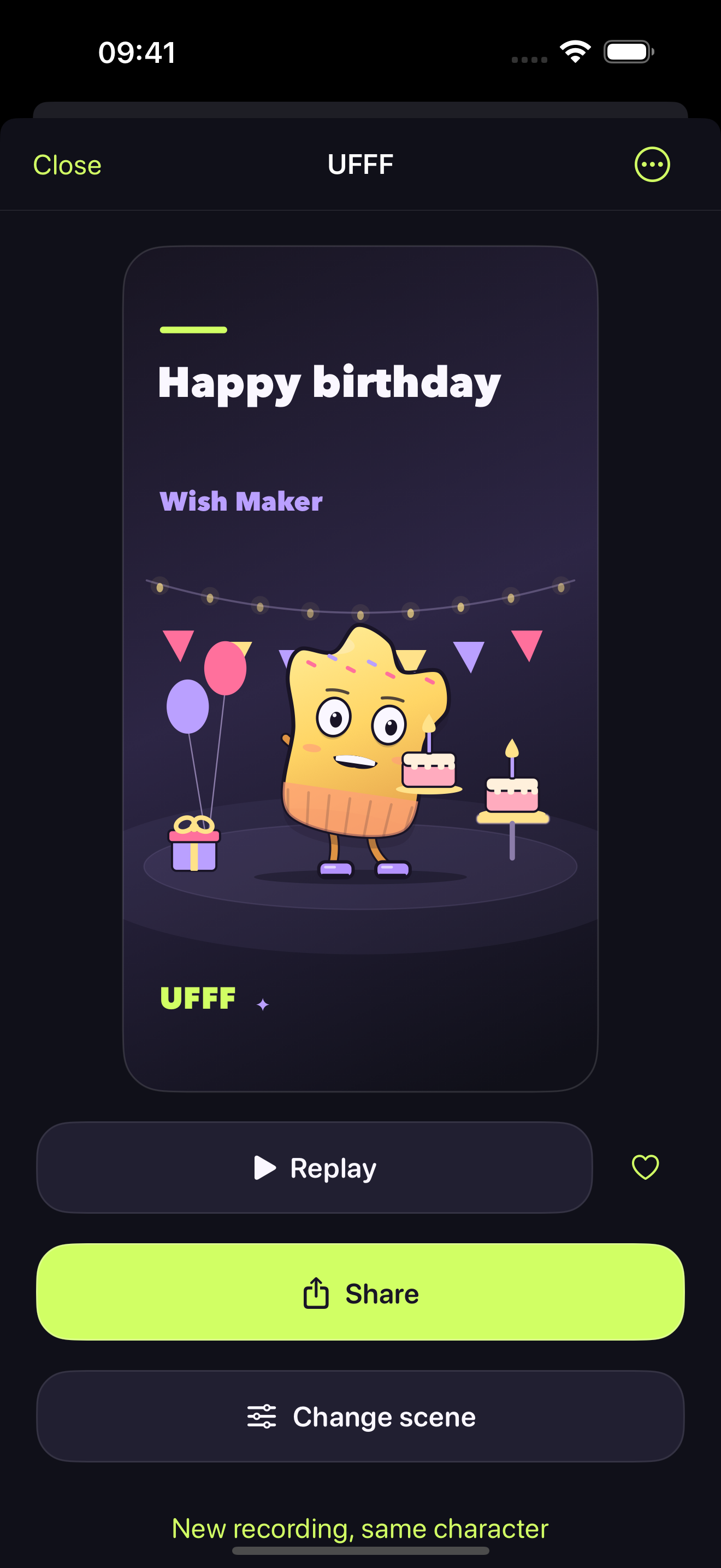 UFFF preview showing a yellow Wish Maker character with birthday cakes.